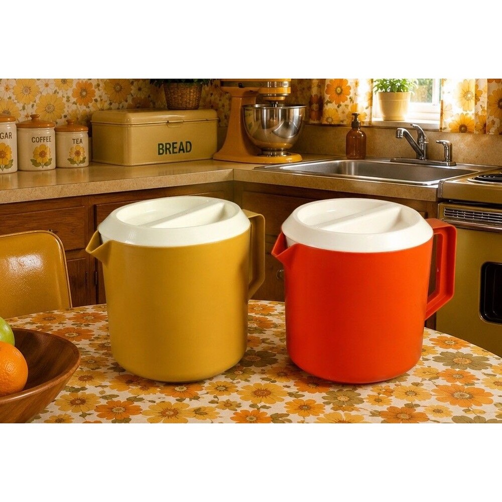 Vintage Rubbermaid 1.5 Qt Pitcher Set Orange Goldenrod Yellow Retro Pair Lids -2